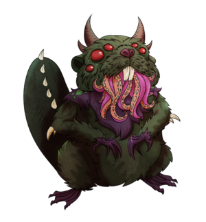 A monstrous beaver in the style of HP Lovecraft with pink tentacles coming out of its mouth, 5 red spider eyes, horns on its head, elbows and tail, moss colored fur, sharp purple claws and webbed feet.